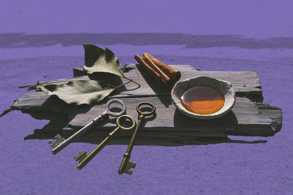 Three keys unlock transformation through solar herbs and honey Antique brass keys rest on sun-bleached driftwood alongside cinnamon sticks, bay leaves, and honeyโthe herbs and offerings mentioned in the post's practical work section. The keys represent Hekate's role as Keeper of Keys to all realms, while the solar correspondences ground her summer practice in tangible ritual elements.