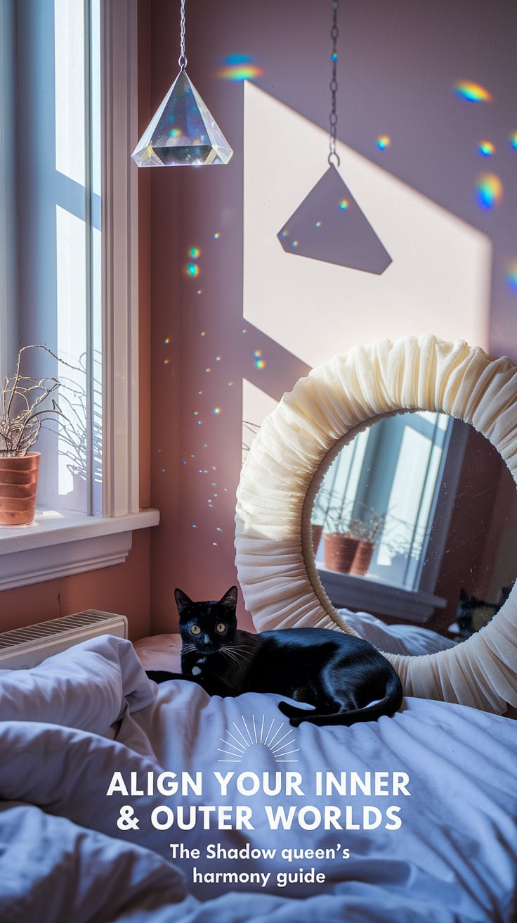 A cozy bedroom corner bathed in morning light where a crystal prism hangs in a window, creating small rainbows across a blush-colored wall. A black cat with alert green eyes rests on a rumpled white duvet next to a round mirror wrapped with sheer cream fabric. White text reads "ALIGN YOUR INNER & OUTER WORLDS" with "The Shadow Queen's zodiac harmony guide" in a modern rounded font beneath. The space feels lived-in yet magical.
