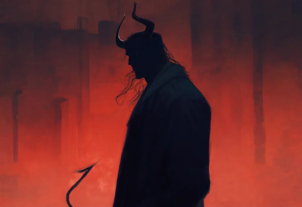 A mysterious figure stands with their back to the viewer, silhouetted against a glowing red backdrop. They possess long, flowing hair and prominent, curved horns protruding from the top of their head, suggesting a demonic form.