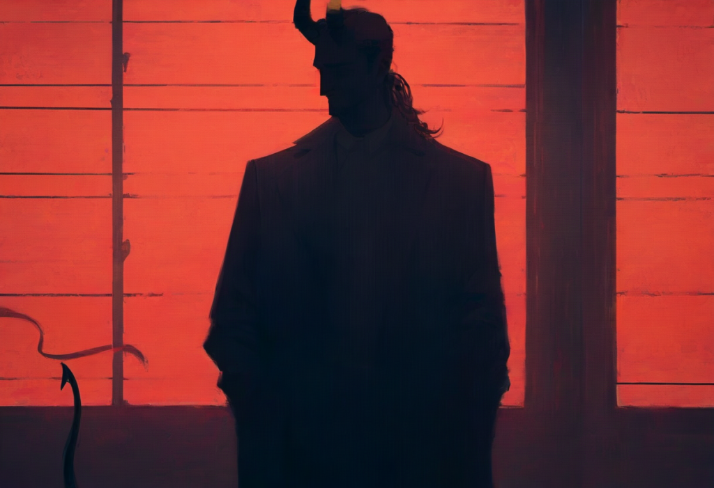The silhouette of a tall, horned figure is seen from behind, looking out of a window with bright red panes. The figure's long hair and tail are detailed against the contrasting bright background, exuding an aura of contemplation and power.