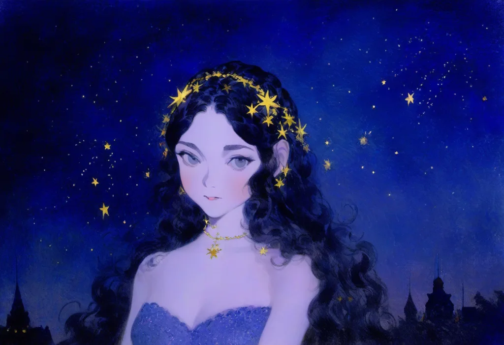 A celestial woman adorned with stars gazes into the distance, her deep blue attire and starry accessories reflecting the infinite expanse of the night sky she embodies.