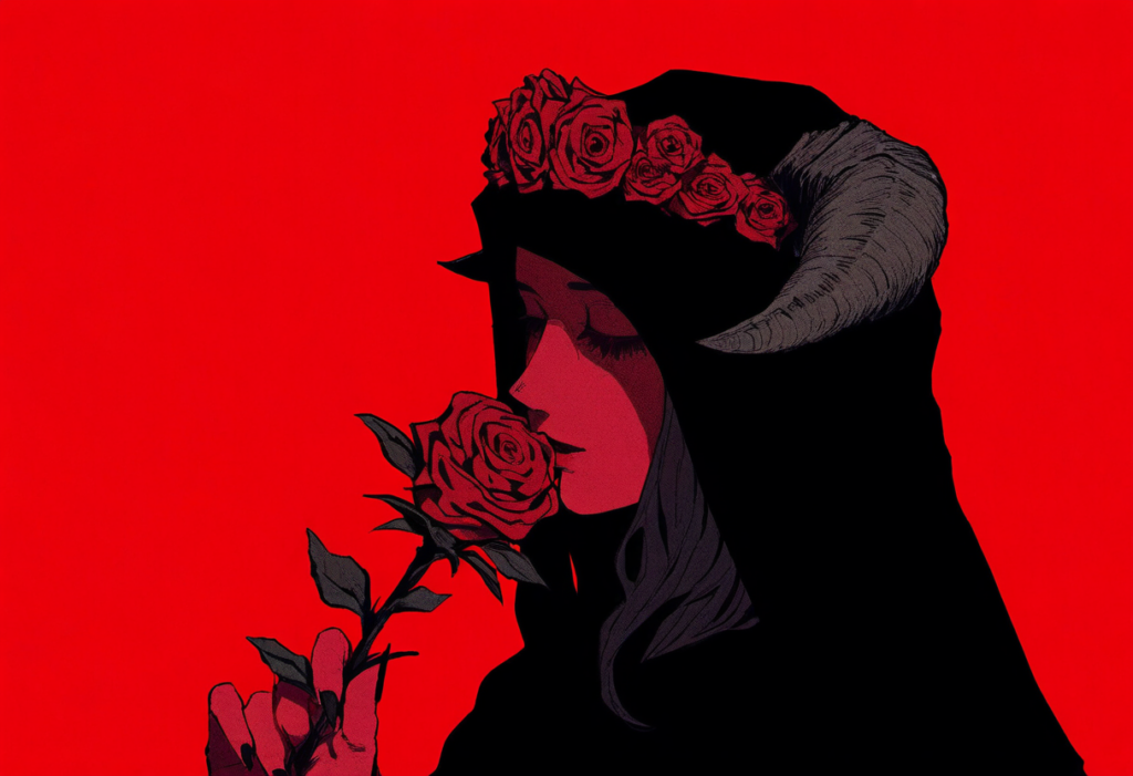A stylized illustration of a woman with a horned silhouette against a vibrant red background. She is adorned with a crown of roses and holds a single rose in her hand, conveying a sense of mysterious elegance.