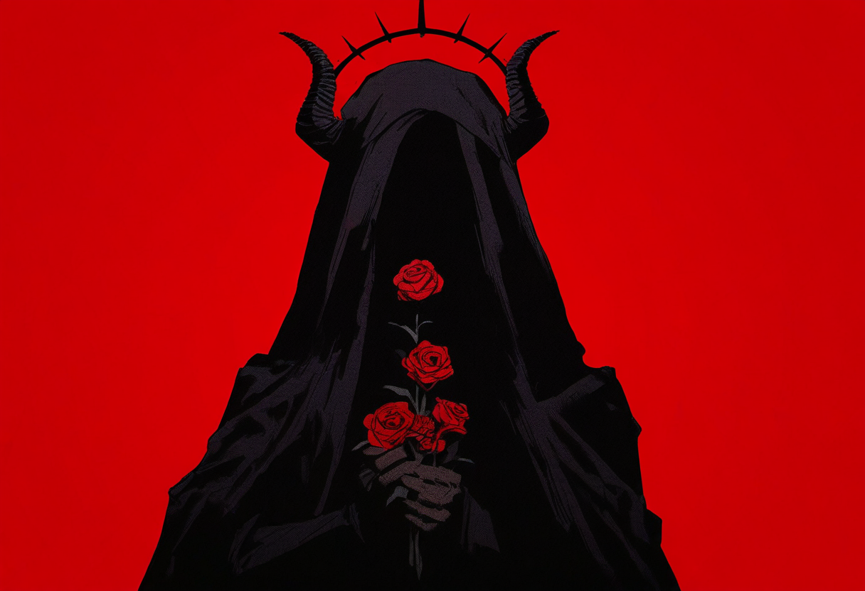 An artistic depiction of a horned figure shrouded in a black cloak, holding a bouquet of roses with a crown of thorns above, against a red background, symbolizing a fusion of divinity and darkness.