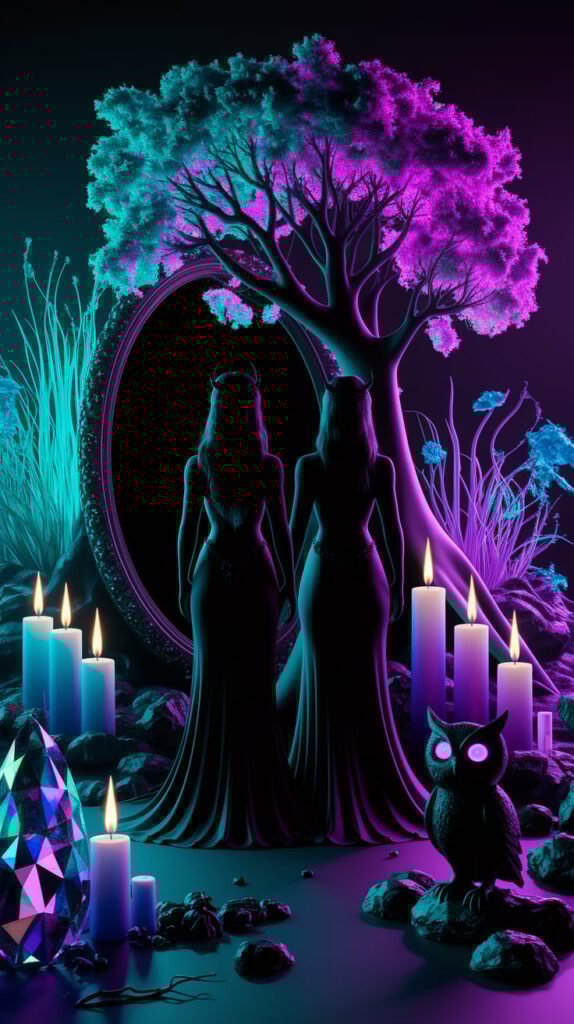 A surreal night scene where Lilith and Nyx, dark goddesses, stand silhouetted with their backs to us in a blacklight-illuminated forest. The environment explodes with unnatural neon colors - electric blue, acid green, and vibrant magenta glow from otherwise realistic plants and fungi. A matte black tree stands in stark contrast, its surface absorbing all light while hosting brilliantly fluorescent night-blooming flowers that seem to pulse with energy. A dark mirror rests against the tree's base, reflecting nothing but deepest void, surrounded by candles of varying heights with unnaturally vivid flames in purple and teal. Holographic crystals catch and fracture the blacklight, casting prismatic patterns across the scene, while a matte black owl figurine with glowing eyes adds a touch of whimsy. The entire scene is bathed in dramatic neon violet lighting that creates sharp contrasts between the vibrant colors and the deep shadows.