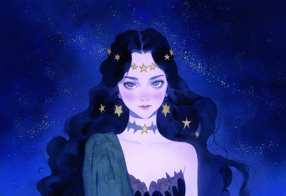 An ethereal woman crowned with golden stars lies against a backdrop of a deep blue night sky, her gaze lost in the cosmic wonder, evoking the majesty of the celestial realm.
