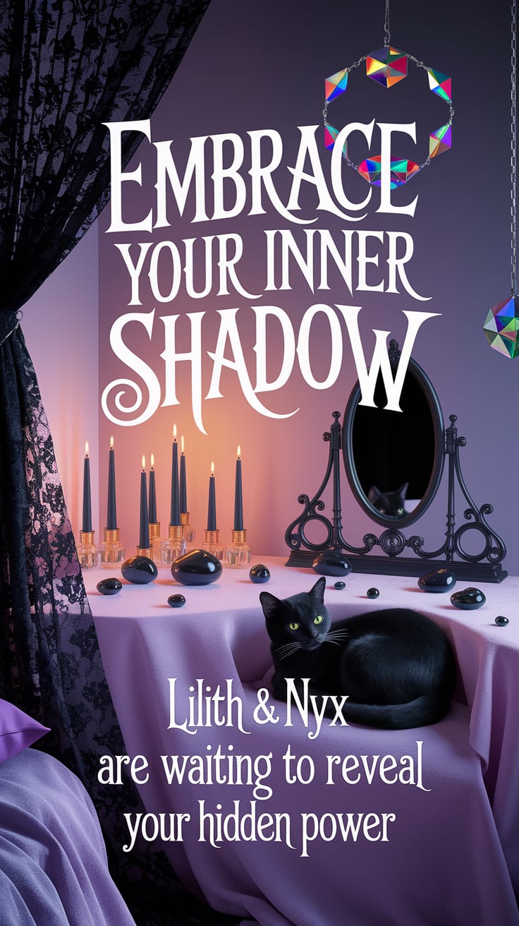 Lilith Nyx are waiting to reveal your hidden power A cozy pastel-lavender bedroom with sheer black lace drapes, illuminated by flickering candles and rainbow prisms from a crystal suncatcher. A vintage vanity displays obsidian stones and moon-shaped perfume bottles beside a dark mirror, with a black cat curled on a velvet pillow. Top text (bold white whimsical font): "EMBRACE YOUR INNER SHADOW" Bottom text (eerie handwritten script): "Lilith & Nyx are waiting to reveal your hidden power"