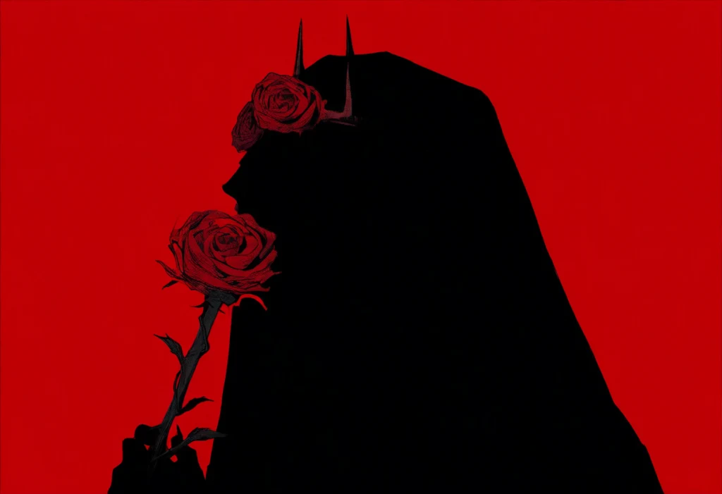 A dark profile of a horned entity with roses entwined in its silhouette, presented against a bold red background, suggesting themes of mystique and hidden depths.