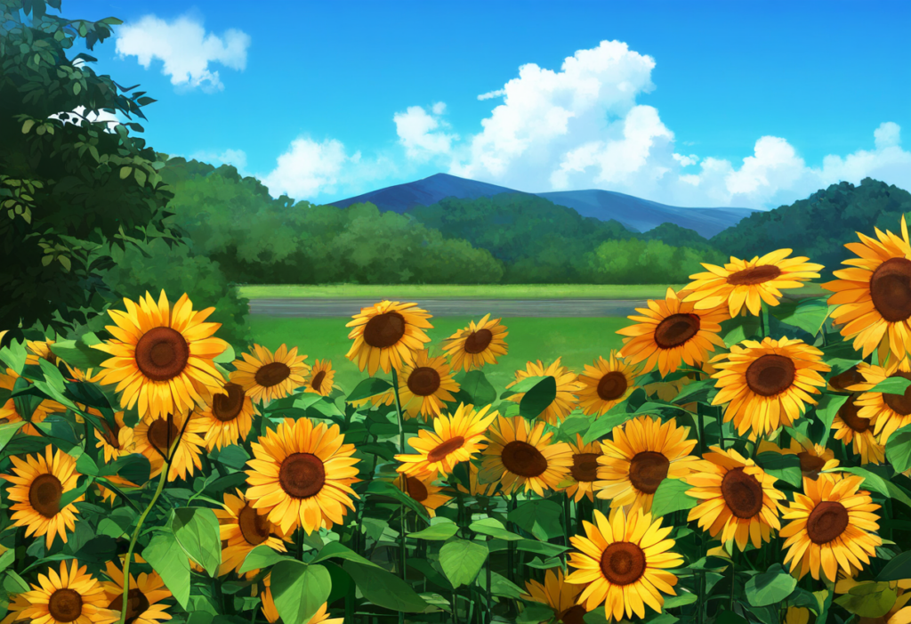 A vibrant digital painting of a sunflower field with a lush green forest in the background under a clear blue sky with fluffy white clouds. The sunflowers are bright yellow with dark brown centers, and they are in full bloom, facing towards the viewer.