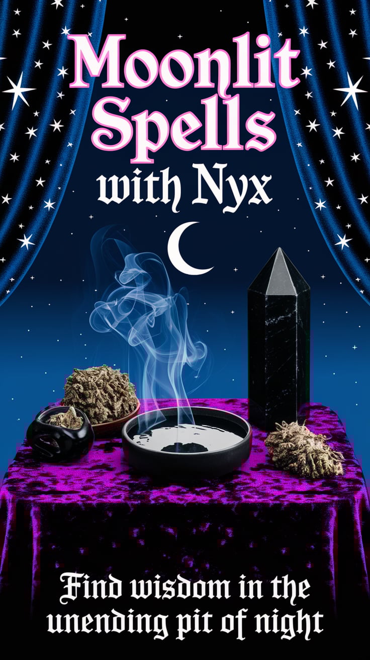 MOONLIT SPELLS WITH NYX A midnight-blue altar beneath star-patterned curtains bathed in moonlight. Deep purple crushed velvet cloth holds a black tourmaline tower, smoking mugwort incense, and a ritual bowl with water reflecting starlight. Top text (neon pink bubbly font): "MOONLIT SPELLS WITH NYX" Bottom text (elegant gothic script): "Find wisdom in the unending pit of night"