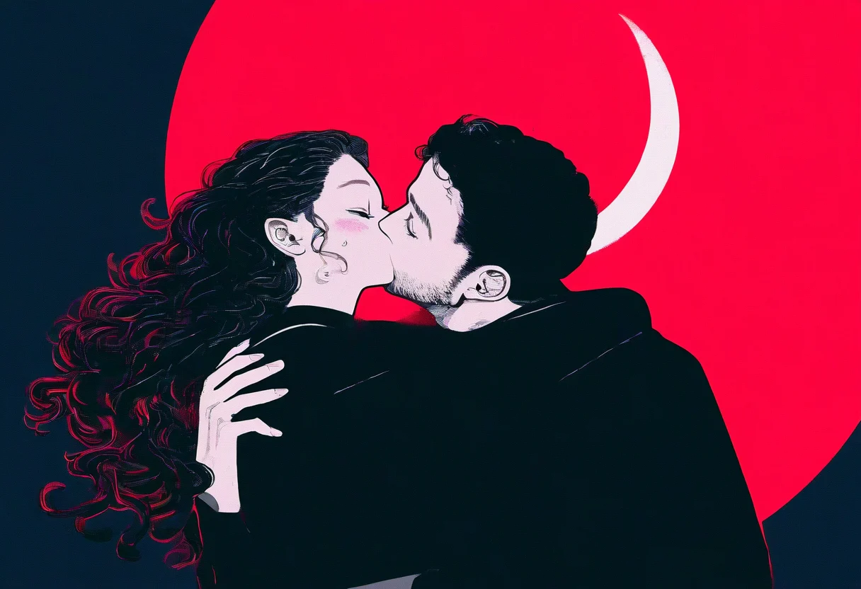 A romantic illustration of a couple kissing, with their profiles outlined against a full moon and a deep red background, capturing a moment of love empowered by the magic of the moonlight.
