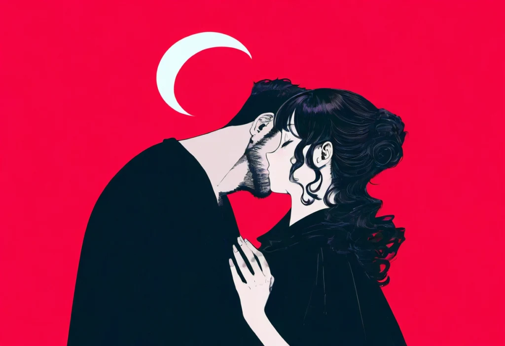 A couple in silhouette shares a tender kiss, framed by a crescent moon against a vibrant red background, symbolizing romance and passion under the moon's enchanting influence.