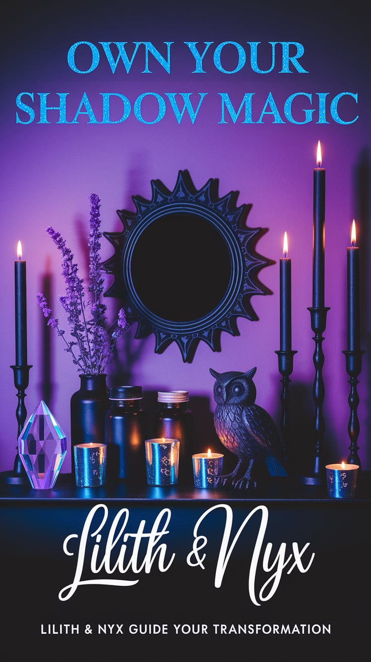 OWN YOUR SHADOW MAGIC A matte black shelf with night-blooming herb jars, a dark mirror, and candles of varying heights. Holographic crystals and an owl figurine add whimsy, with dramatic neon violet lighting against shadows. Top text (electric blue glitter font): "OWN YOUR SHADOW MAGIC" Bottom text (mysterious delicate script): "Lilith & Nyx guide your transformation"