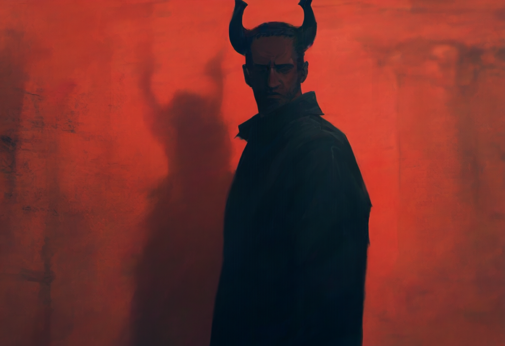 A dark, imposing figure faces forward, presenting a stern and commanding presence. The individual has pronounced horns and a stern expression, set against a deep red background that fades into darkness around the edges.