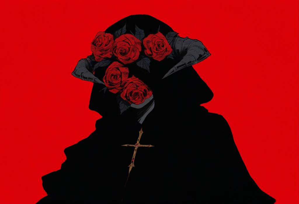 A graphic image showing the silhouette of a woman with roses in her hair and a cross necklace, set against a stark red backdrop. The silhouette has a horned shadow, hinting at a blend of the sacred and the profane.