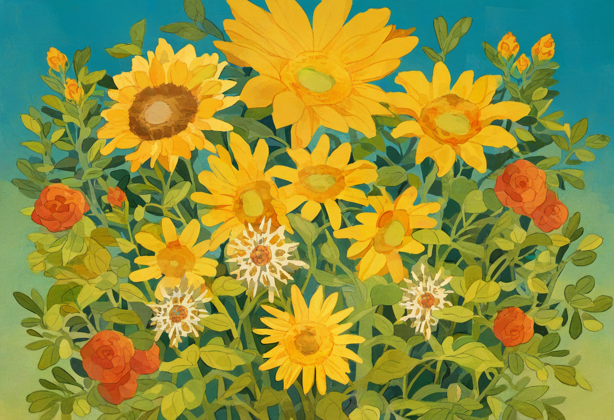 Artistic rendering of a sunflower and wildflower bouquet with a flat, illustrative style against a teal background. The flowers, predominantly sunflowers and roses, are arranged in a dense cluster with a variety of yellows and oranges, surrounded by green foliage.
