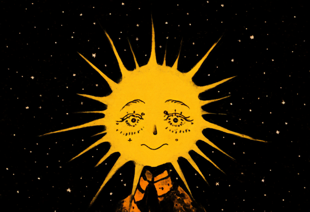 An illustration of a stylized sun with a human face against a black starry background. The sun has a warm golden color with rays extending outward, and the face has detailed eyes, nose, and a small smiling mouth, giving it a personable and inviting appearance.