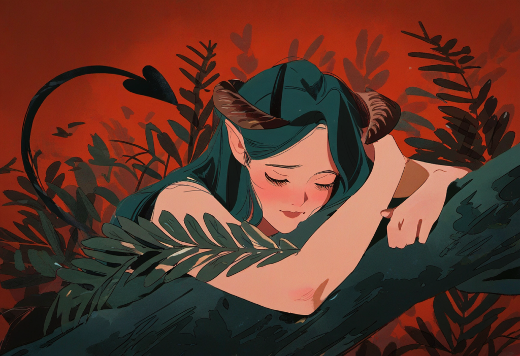 A tranquil demon girl with delicate horns and a gentle tail rests on a branch, surrounded by rich orange foliage, symbolizing a quiet communion with nature's enchantment.