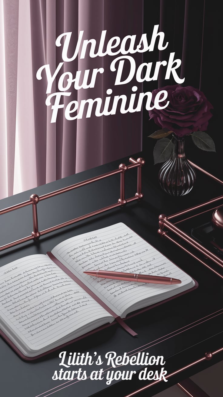 UNLEASH YOUR DARK FEMININE A sleek black desk with rose-gold accents, featuring handwritten shadow work journal pages, a copper pen, and a dark rose in a glass vase. Soft, smoky light filters through sheer plum curtains. Top text (bold playful script): "UNLEASH YOUR DARK FEMININE" Bottom text (rounded delicate font): "Lilith's rebellion starts at your desk"