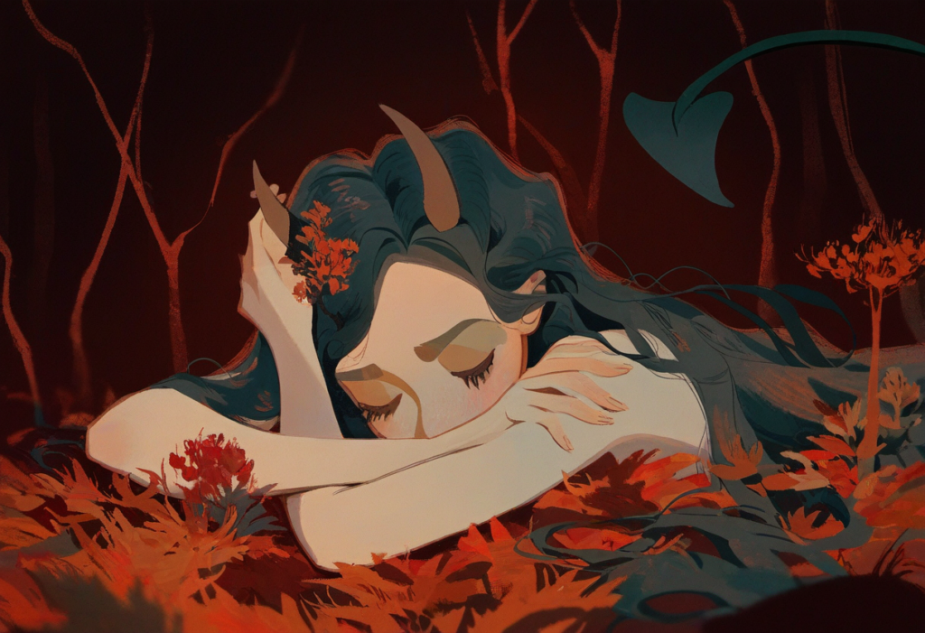 A serene demon girl with elegant horns and a swishing tail lies amidst autumn leaves, cradling a vibrant red flower to her cheek, embodying a peaceful moment in a mystical forest.