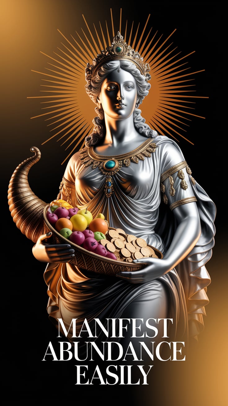 ‘Want Wealth and Success? Pray to Fortuna’ — bold serif, upper third, luxurious gold and silver accents, symbols of prosperity; bottom caption: ‘Manifest abundance easily’