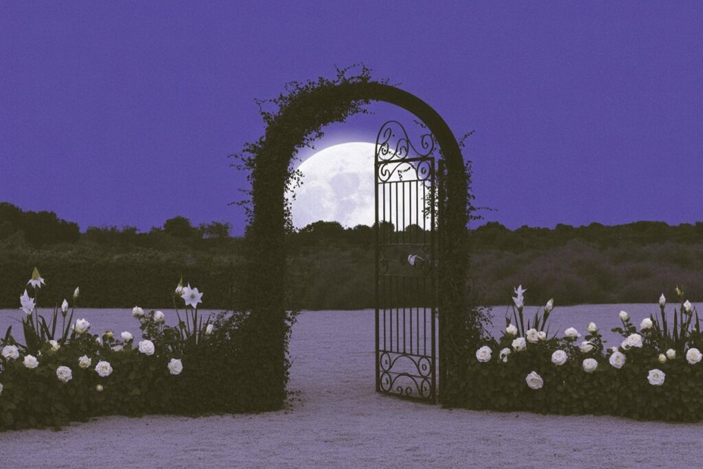 An open threshold under the full moon visualizes Hekate Propylaia as keeper of gates and the choice to cross from darkness into moonlit revelation. The white night-blooming flowers and iron gateway represent the moment when what was concealed becomes visible by her torch.
