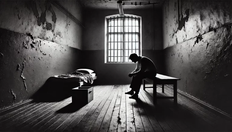 Black and white high contrast analog film image showing a person seated in isolation in a dimly lit room. The person appears worn out and fatigued, representing persistent exhaustion. The room's ambiance is dense and stifling, emphasizing the presence of negative energy.