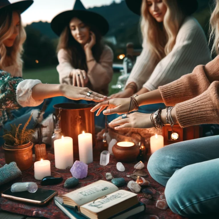 A group of friends, including a modern witch, performing a friendship spell in a cozy outdoor setting during the evening. Candles, crystals, and spell books are scattered around, creating a warm and inviting magical atmosphere under the twilight sky.