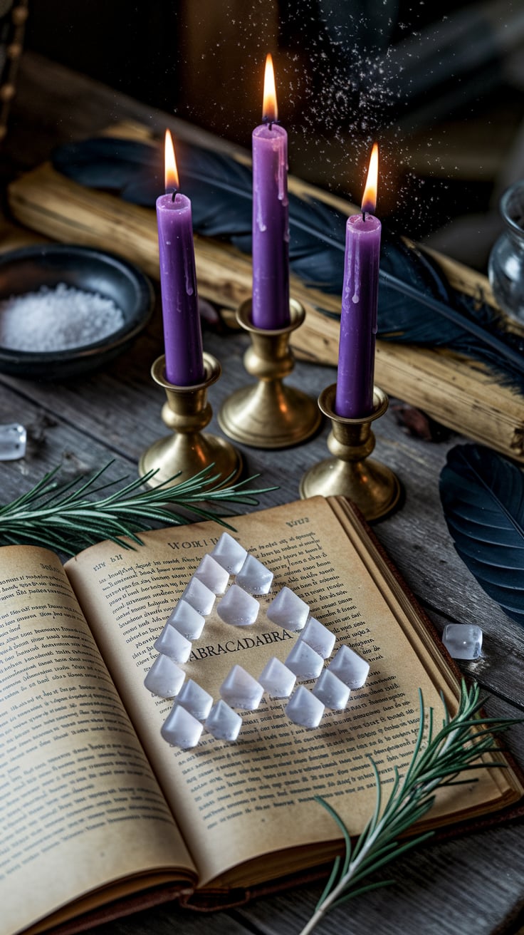 Atmospheric candlelit altar with grimoire, crystals, herbs, and ritual tools for harnessing the power of ancient magical words.