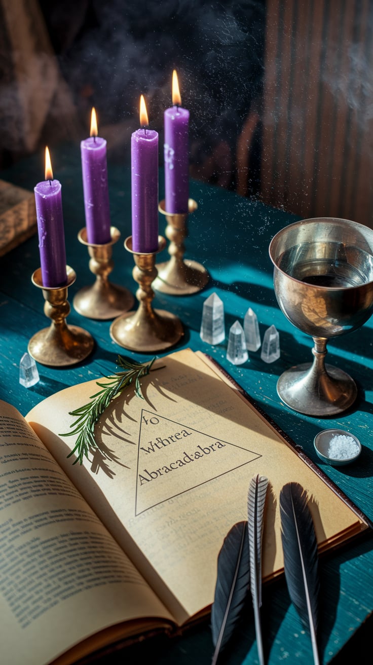 Authentic witchcraft altar featuring purple candles, natural elements, and crystal formation for practicing ancient word magic.