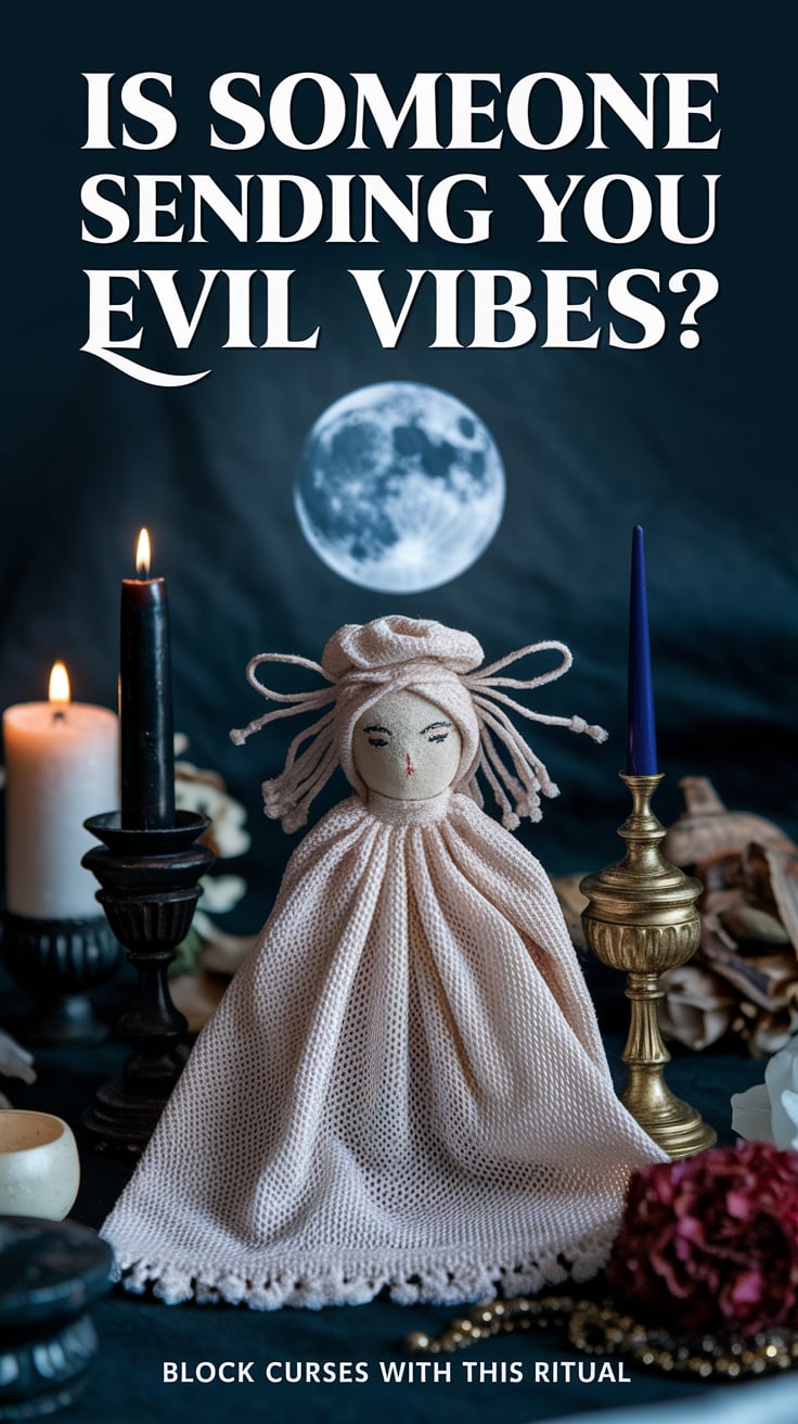 Block curses with this ritual ‘Is Someone Sending You Evil Vibes?’ — bold serif, middle, dark moonlit scene, protective poppet, subtle blood moon; bottom caption: ‘Block curses with this ritual’