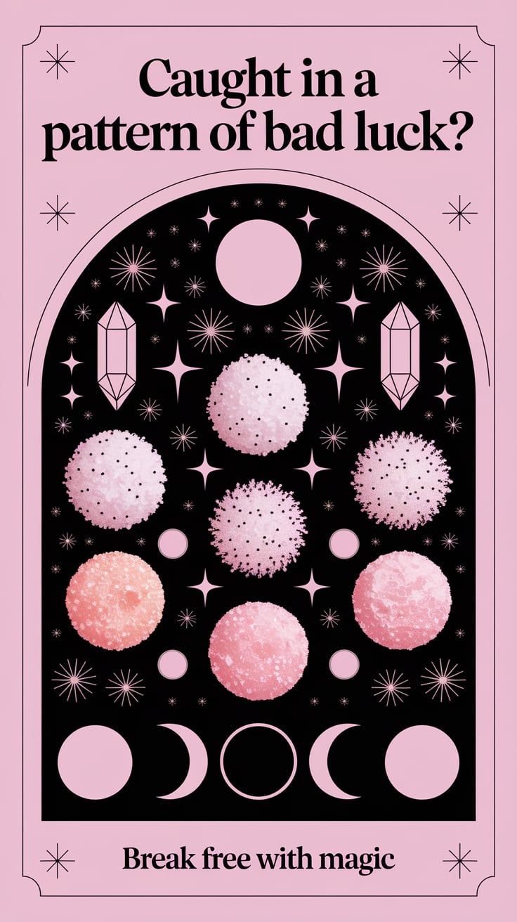 ‘Caught in a Pattern of Bad Luck?’ — modern sans serif, center, slightly chaotic scene with salt circles, crystals, and moon phases; bottom caption: ‘Break free with magic’