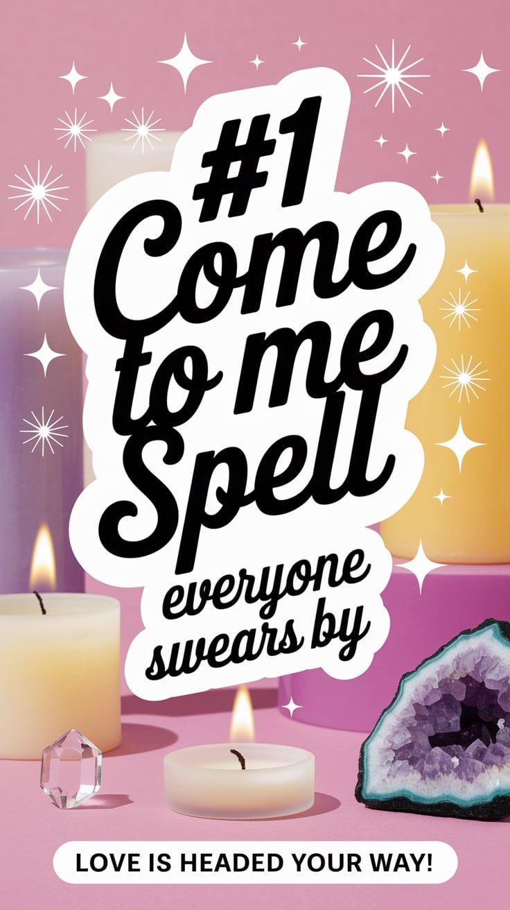 Come To Me Spell Everyone Swears By ‘#1 Come To Me Spell Everyone Swears By’ — playful script, bold middle, soft pastel background, flickering candles, crystals; bottom caption: ‘Love is headed your way!’