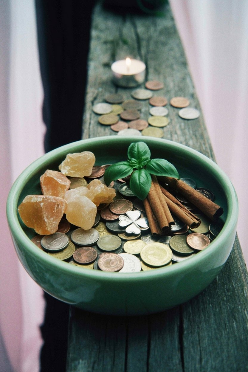 Daily Additions Transform a Bowl Into Accumulated Power The money bowl in active use, showing how repeated daily interaction builds prosperity magic through layered correspondences. Citrine crystals for merchant's luck, fresh basil for wealth, cinnamon sticks for fast money manifestation, and the scattered coins representing both seed money and abundance already flowing. The composition captures the casual, lived-in quality of daily magical practice.