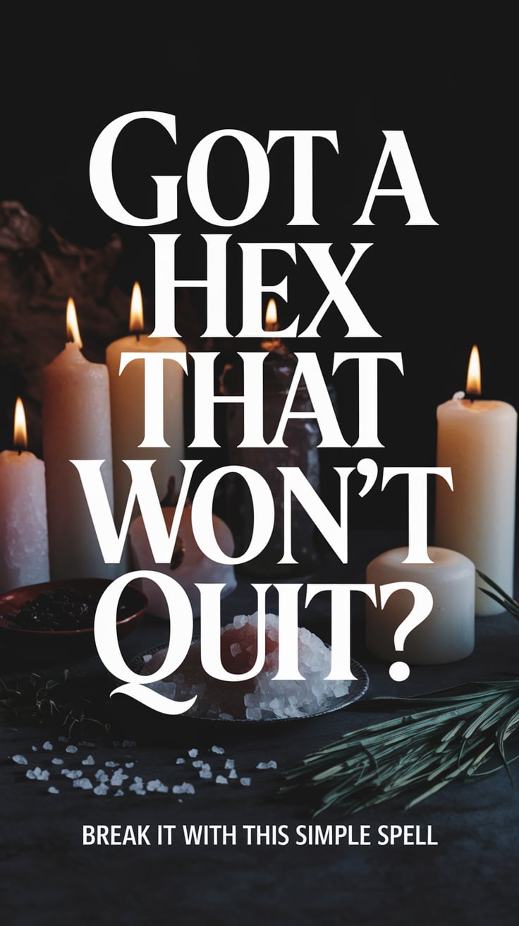 Got a Hex That Wont Quit ‘Got a Hex That Won’t Quit?’ — bold serif, center, dark moody background with flickering candles, salt crystals, and herbs; bottom caption: ‘Break it with this simple spell’