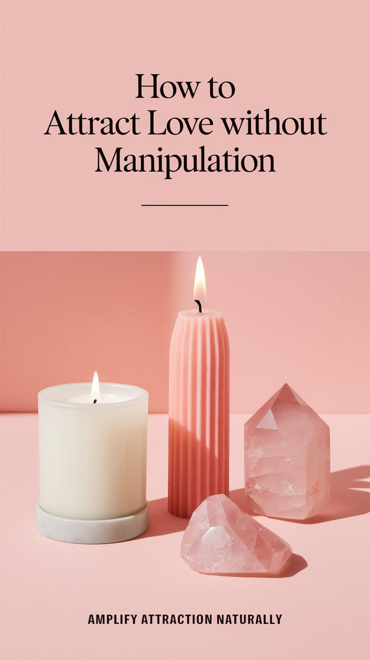 How To Attract Love Without Manipulation ‘How To Attract Love Without Manipulation’ — minimalist sans serif, upper third, pastel peach, simple candles, rose quartz; bottom caption: ‘Amplify attraction naturally’