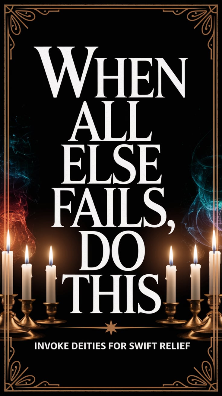 Invoke deities for swift relief ‘When All Else Fails, Do This’ — cinematic font, centered, mix of dark and light elements with flickering candlelight; bottom caption: ‘Invoke deities for swift relief’
