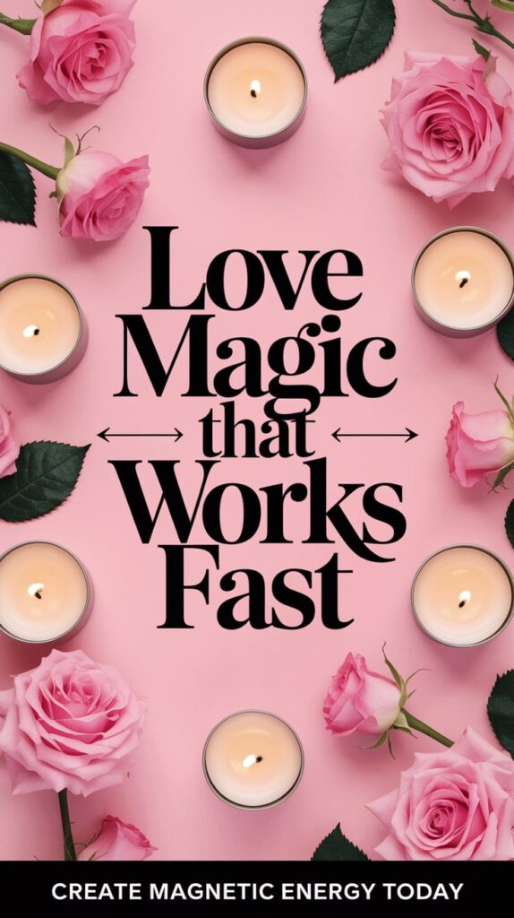 ‘Love Magic That Works Fast’ — cinematic font, center, soft pinks, flickering candles, scent of roses; bottom caption: ‘Create magnetic energy today’