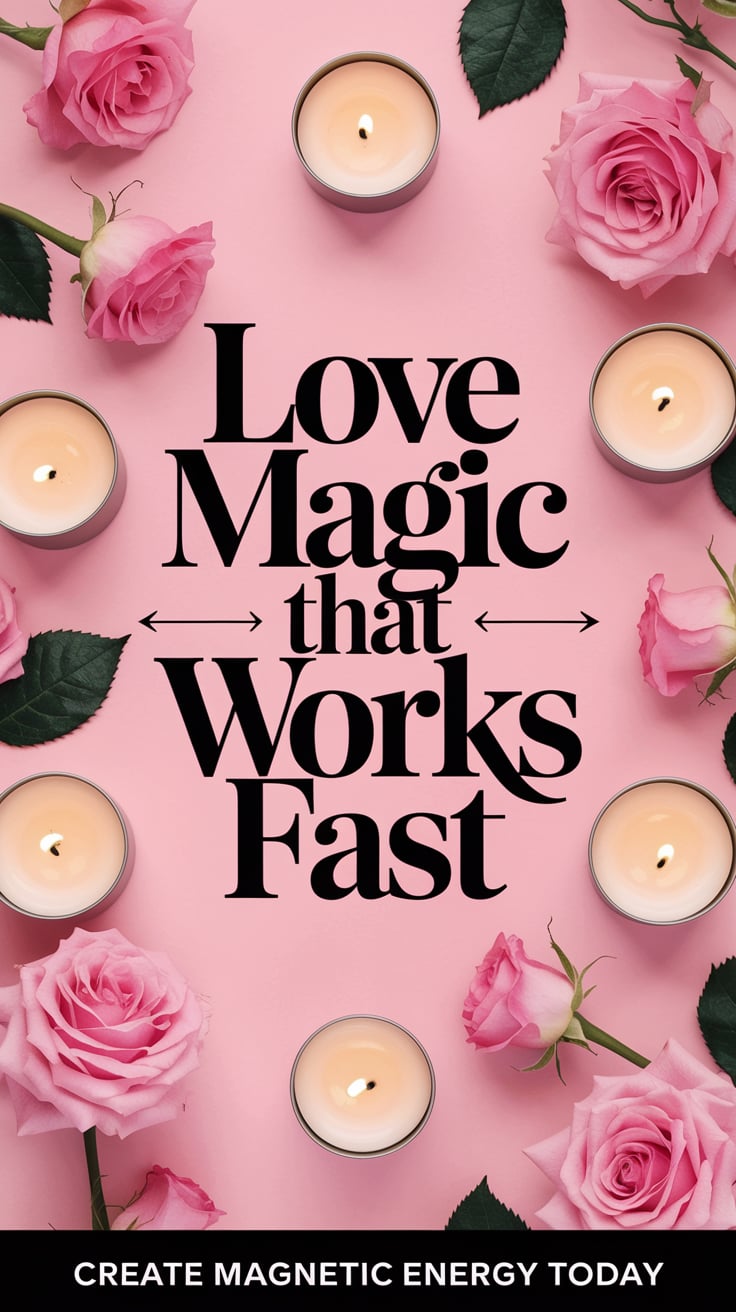 ‘Love Magic That Works Fast’ — cinematic font, center, soft pinks, flickering candles, scent of roses; bottom caption: ‘Create magnetic energy today’