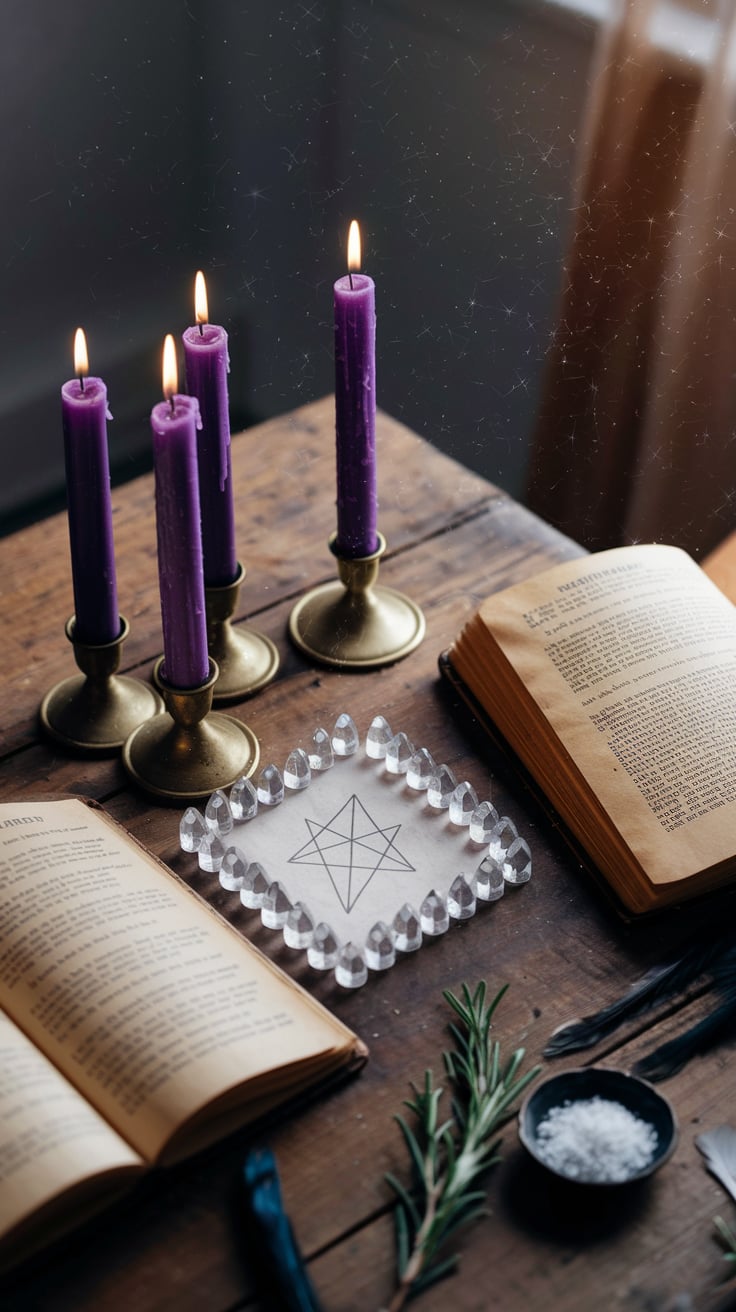 Candlelit wooden altar with purple candles, antique grimoire, and triangular crystal arrangement for Abracadabra word magic practice.
