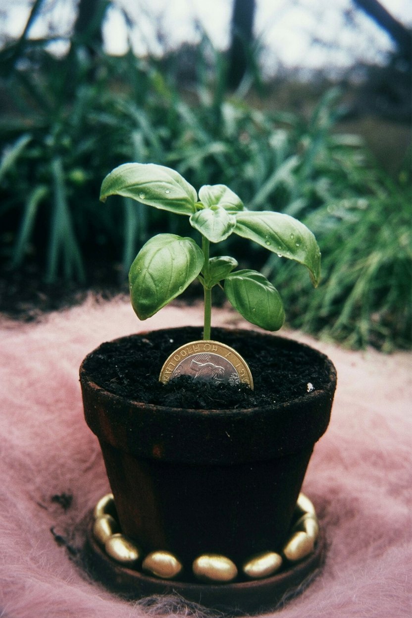 Prosperity Takes Root When Intention Meets Daily Care Visual demonstration of the living money spell described in the article where a coin buried in soil programs the plant's growth to mirror financial growth. Shows the tangible first step of combining natural growth cycles with wealth intention through the symbolic British pound planted at the basil's roots.