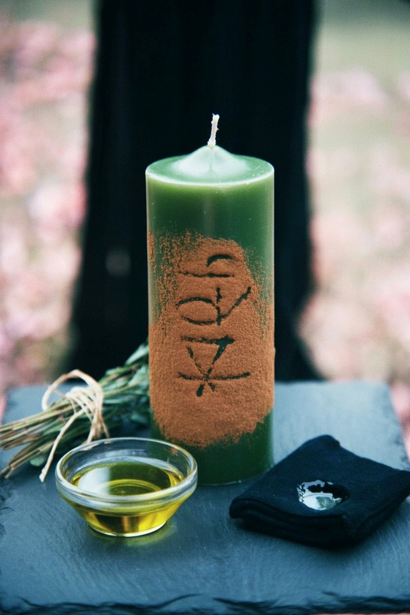 Symbols Carved in Wax Hold the Shape of Wealth Prepared green candle for prosperity spellwork showing the step where intentions are physically carved into wax before anointing with oil. The olive oil in the glass dish, fresh herb bundle, and carved symbols demonstrate the layering of correspondences - green for growth, oil for consecration, herbs for amplification - that builds the spell's power.