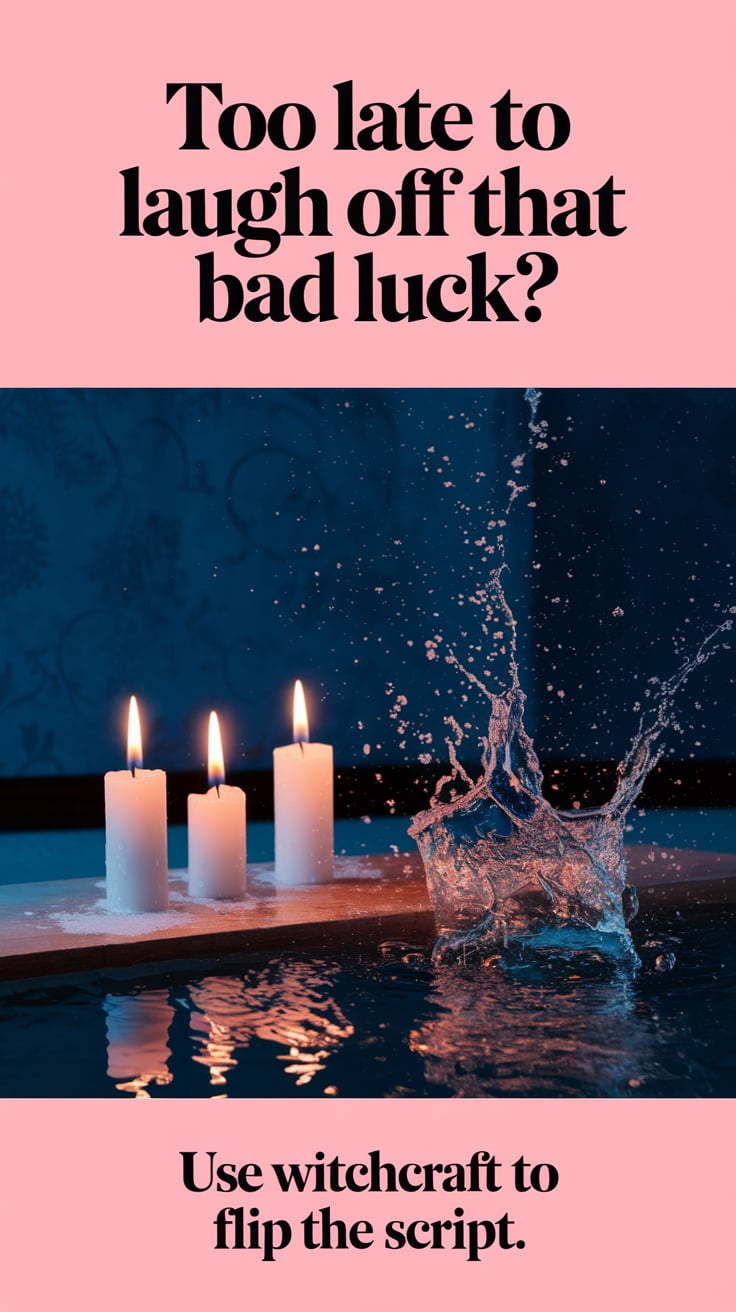 Too Late to Laugh Off That Bad Luck ‘Too Late to Laugh Off That Bad Luck?’ — bold serif, bottom third, dim blue room scene, candles flickering, salt water splash; bottom caption: ‘Use witchcraft to flip the script’
