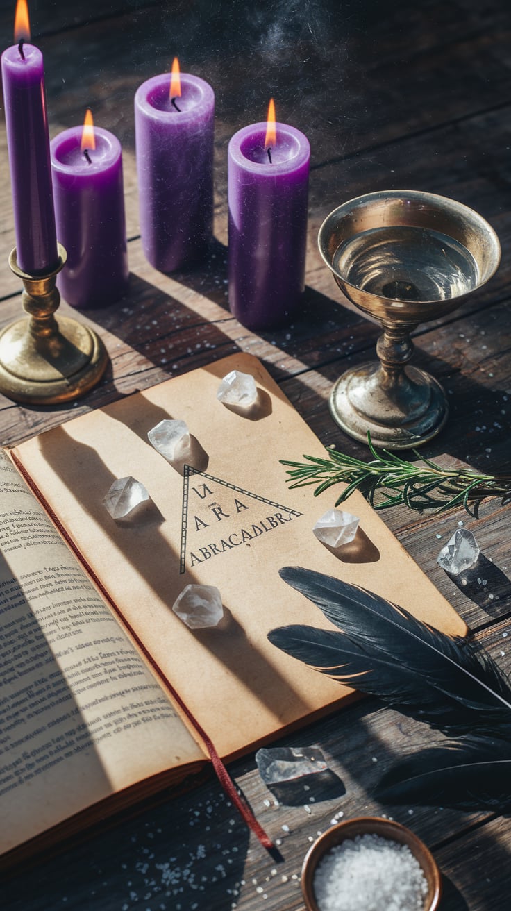 Intimate magical workspace with burning purple candles, quartz crystals, rosemary, feathers, and a silver chalice for word magic rituals.