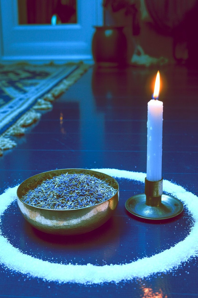 Demonstrates typical candle magic setup where fire hazards emerge. The white salt boundary circle, while spiritually protective, does nothing to prevent the physical danger of an unattended flame near flammable dried botanicals, illustrating the gap between spiritual safety measures and material fire prevention.