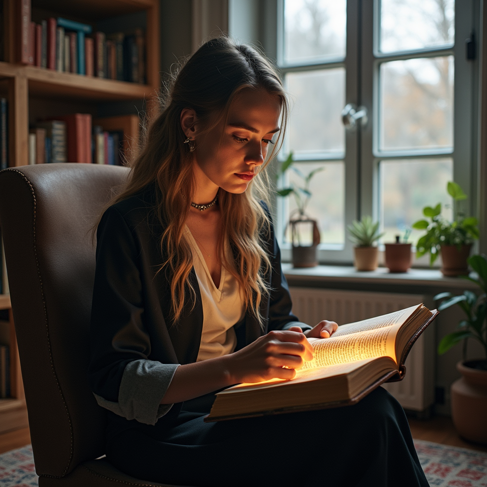 Concentrated young witch reading a glowing spell book in a cozy study room, illustrating the journey of learning witchcraft.