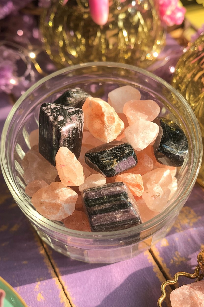 Black tourmaline and pink Himalayan salt show how absorption and grounding work together in protection jars This bowl contains two materials that handle negative energy differently, both useful in protection jars. Pink Himalayan salt (the peachy-orange irregular crystals) absorbs negativity by pulling it in and neutralizing it through the salt's purifying properties. The salt literally takes the harmful energy into itself, which is why you throw out salt after cleansing work instead of reusing it. Black tourmaline (the charcoal-colored prismatic crystals with visible striations) grounds negative energy by channeling it down and away from you, like a lightning rod redirecting a strike into the earth. Together in a protection jar, they create two layers of defense: the salt catches what gets through your boundary, and the tourmaline drains it away so it doesn't accumulate. The transparent bowl shows both materials in their raw, unpolished form, which is how you'd use them in actual spell work.
