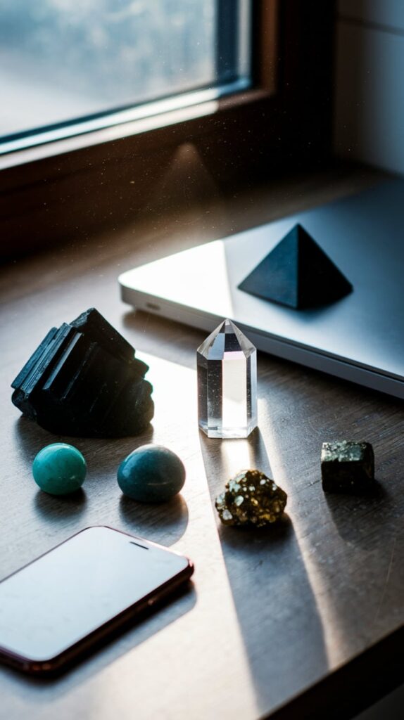 A wooden desk beside a window captures morning light falling across an arrangement of EMF-blocking crystals placed near electronic devices. The slightly off-kilter photograph shows a piece of raw black tourmaline positioned protectively beside a smartphone that's been placed face-down, while a small pyramid of shungite sits atop a closed laptop in the background. A natural piece of fulgurite, with its distinctive lightning-struck glass formation, leans against the base of a desk lamp whose cord is visible trailing off the edge of the desk. Several smaller protective stones are arranged in a loose semicircle—a tumbled piece of amazonite with its characteristic blue-green hue, a small chunk of raw magnetite with its metallic luster, and a piece of pyrite catching golden highlights from the window light. A clear quartz point stands upright in the center of this protective arrangement, seemingly amplifying the protective properties of the darker stones surrounding it. The photograph captures dust particles floating in the sunbeam crossing the scene, with natural shadows falling across parts of the desk and slight lens flare in one corner, giving the image an authentic, unplanned quality that suggests someone documenting their personal EMF protection setup rather than a professionally staged photo.