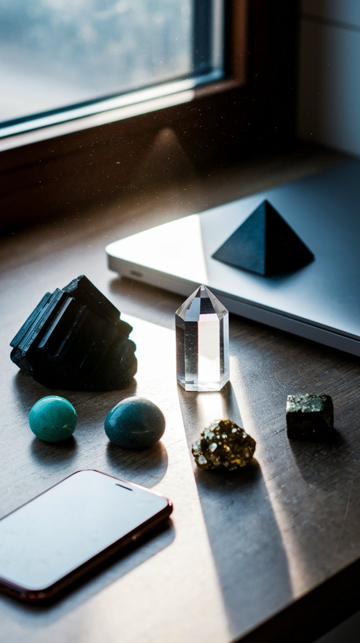A wooden desk beside a window captures morning light falling across an arrangement of EMF-blocking crystals placed near electronic devices. The slightly off-kilter photograph shows a piece of raw black tourmaline positioned protectively beside a smartphone that's been placed face-down, while a small pyramid of shungite sits atop a closed laptop in the background. A natural piece of fulgurite, with its distinctive lightning-struck glass formation, leans against the base of a desk lamp whose cord is visible trailing off the edge of the desk. Several smaller protective stones are arranged in a loose semicircle—a tumbled piece of amazonite with its characteristic blue-green hue, a small chunk of raw magnetite with its metallic luster, and a piece of pyrite catching golden highlights from the window light. A clear quartz point stands upright in the center of this protective arrangement, seemingly amplifying the protective properties of the darker stones surrounding it. The photograph captures dust particles floating in the sunbeam crossing the scene, with natural shadows falling across parts of the desk and slight lens flare in one corner, giving the image an authentic, unplanned quality that suggests someone documenting their personal EMF protection setup rather than a professionally staged photo.