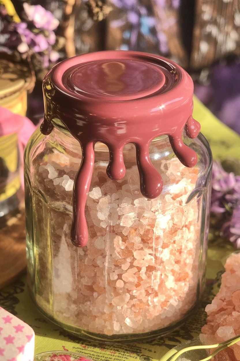 Burgundy wax seals the protection jar and marks the moment the spell activates The wax seal dripping down this jar's exterior shows the final step that activates a protection jar spell. When you seal the lid tight and add melted wax around the edge, you're creating a permanent threshold that nothing can cross. The three wax drips demonstrate how the seal doesn't need to be perfect or pretty - it just needs to be complete, enclosing the jar's contents and marking them as bounded, finished, working. Burgundy wax color corresponds to Mars energy (boundaries, defense, strength) and Saturn work (endurance, protection through weight and time). The pink Himalayan salt visible inside holds the absorbed negative energy while the sealed container keeps everything contained and continuously working.