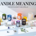 A bright, organized display of jar candles in various colors such as pink, purple, blue, yellow, orange, and white, each representing different candle wax color meanings in witchcraft. The scene is decorated with crystals, greenery, and small trinkets, emphasizing color correspondences in candle magic. This clean aesthetic is ideal for a color palette for candle businesses or a guide to candle magick spells and spiritual candles color meanings.